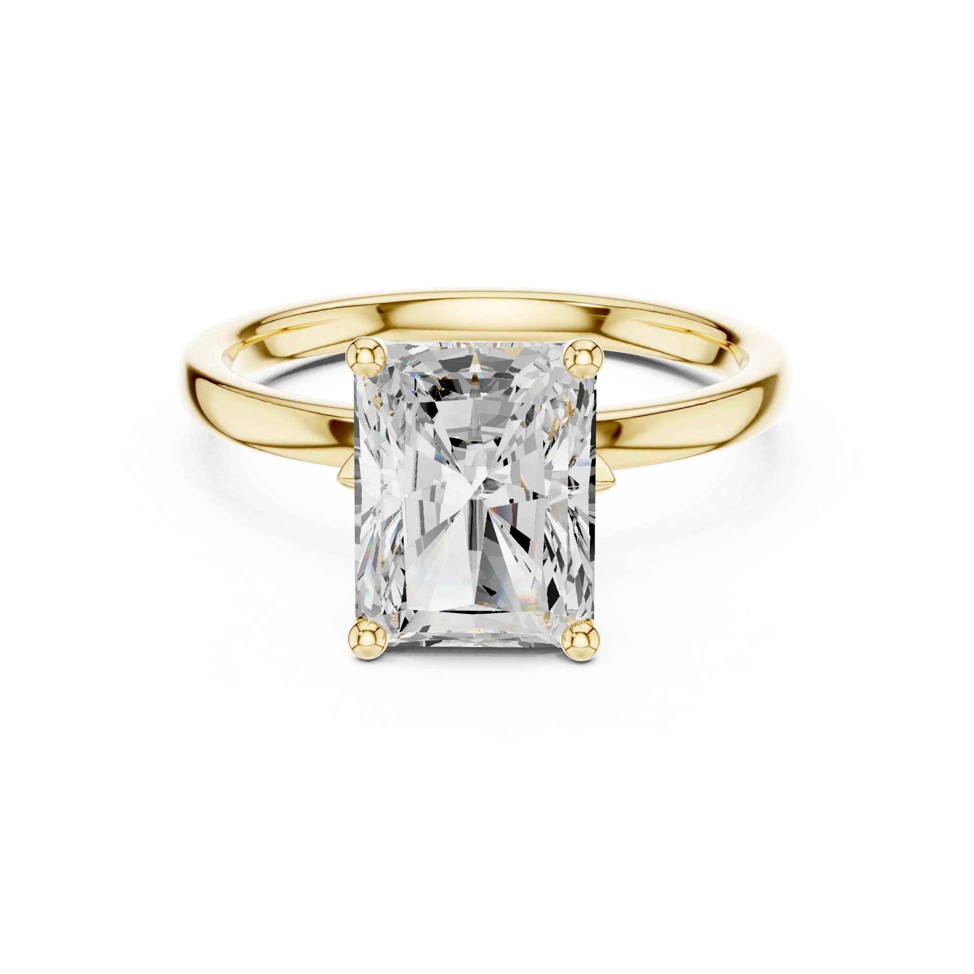 Lab-grown radiant cut solitaire ring in yellow gold with smooth domed band