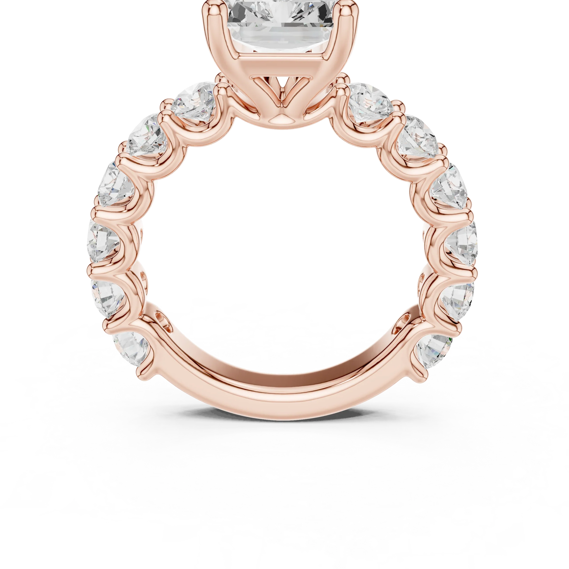 Front view of rose gold radiant cut solitaire ring with shared prong large stone band and center stone