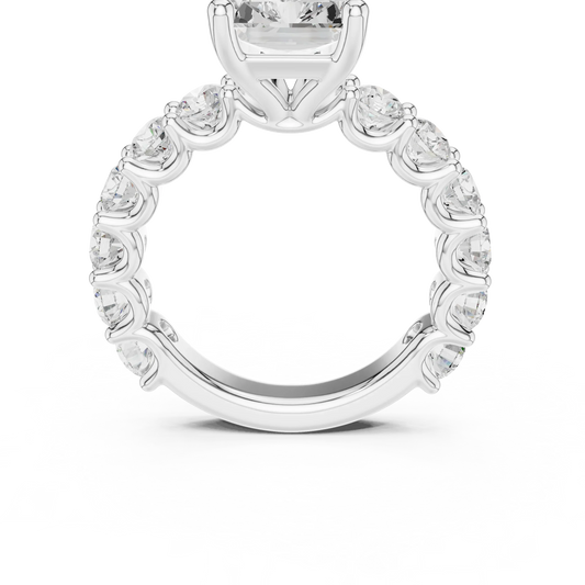 Lab-grown radiant cut solitaire ring in white gold with shared prong large stone band