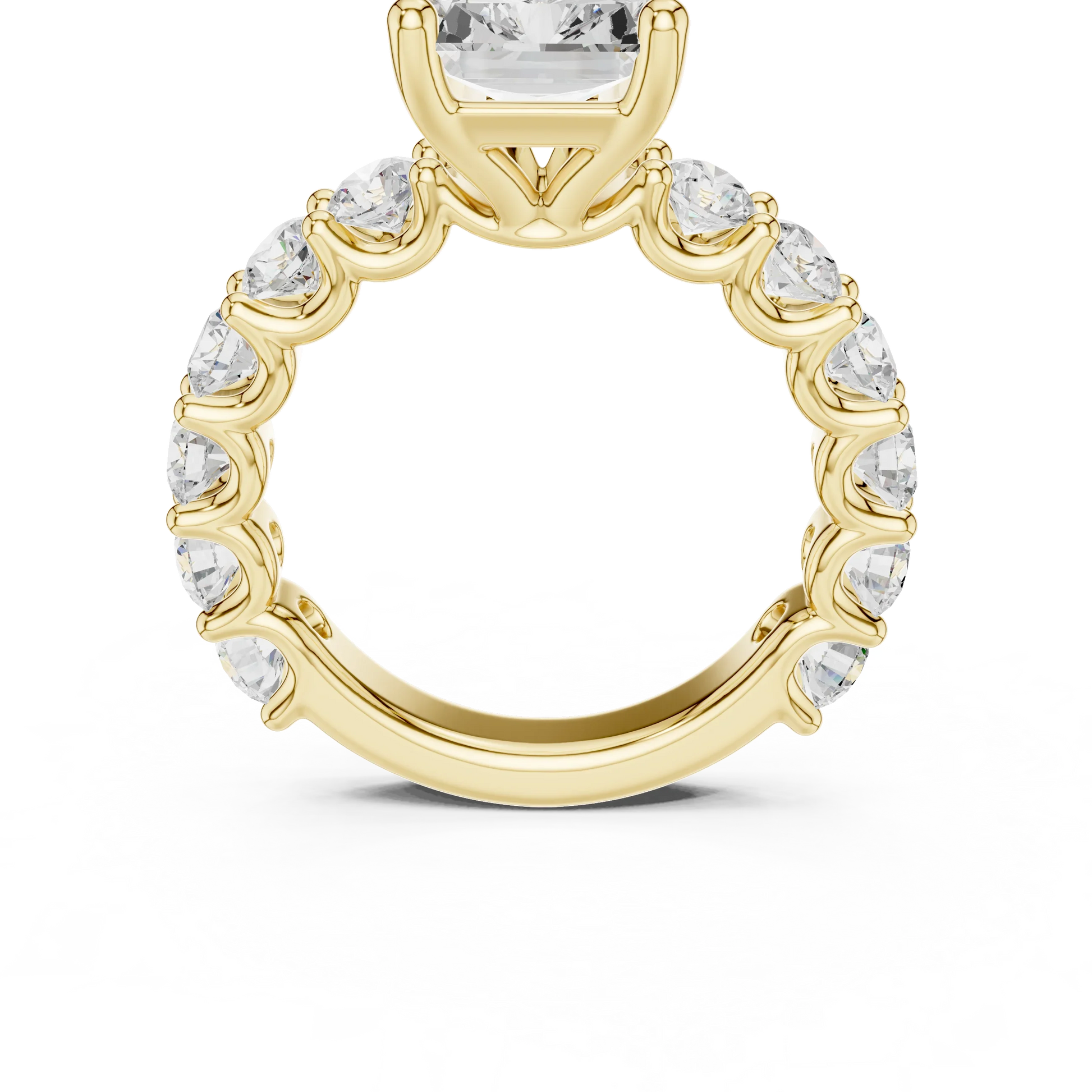 Front view of yellow gold radiant cut solitaire ring with shared prong large stone band and center gemstone