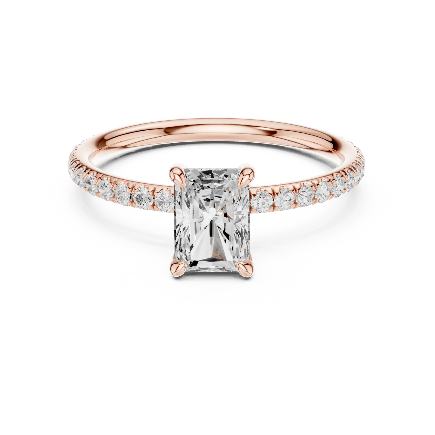 Lab-grown radiant cut solitaire ring in rose gold with thin pavé diamond band