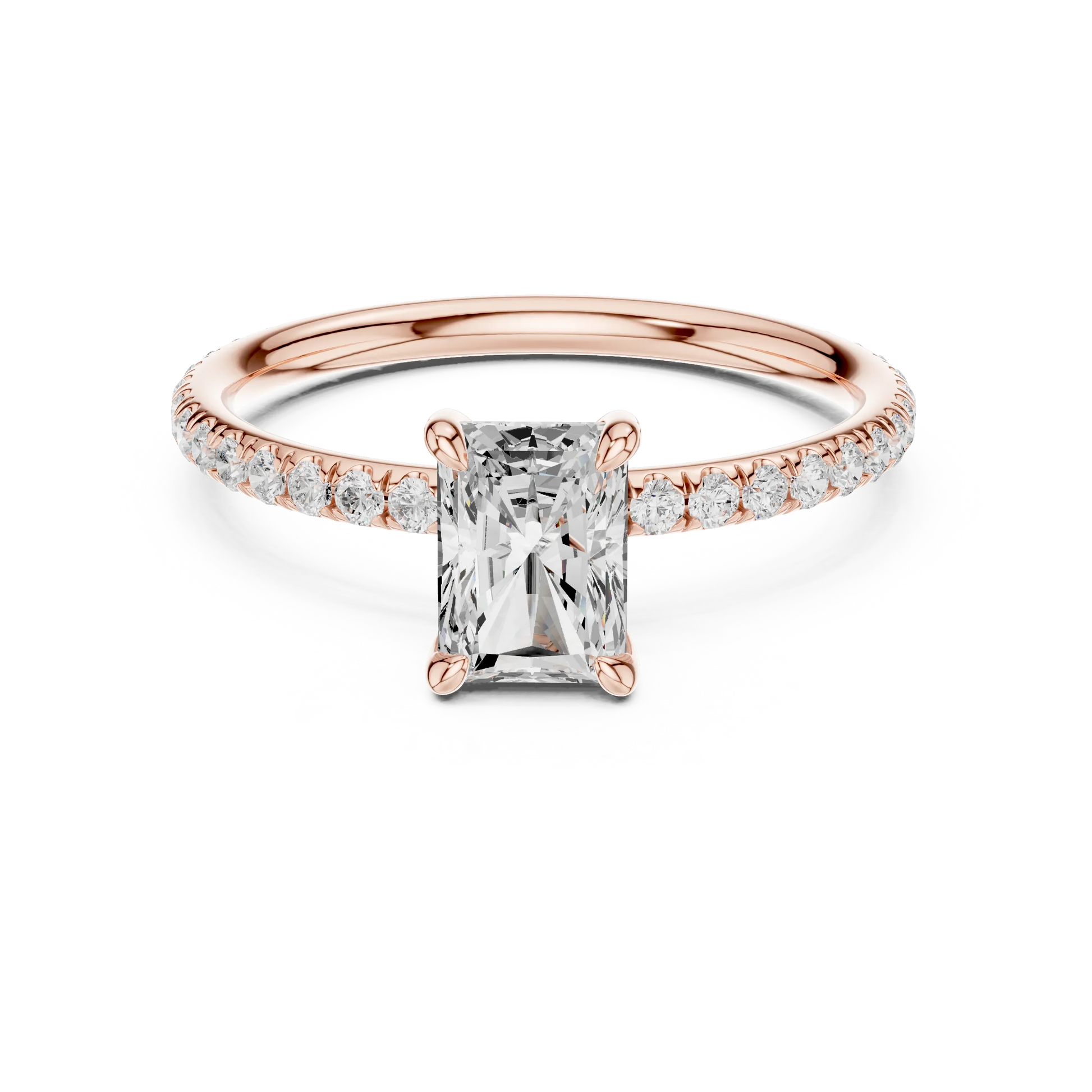 Lab-grown radiant cut solitaire ring in rose gold with thin pavé diamond band
