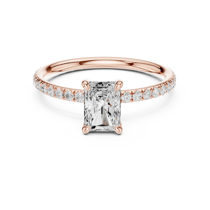 Lab-grown radiant cut solitaire ring in rose gold with thin pavé diamond band
