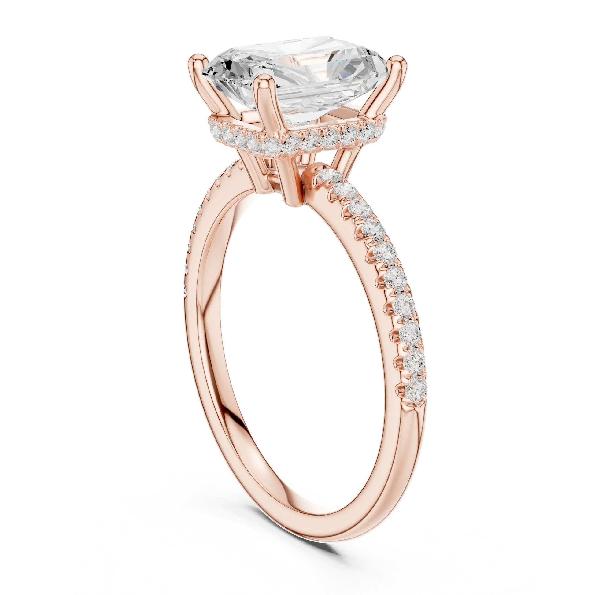Back side view of rose gold radiant solitaire ring with thin pave band and lab-grown diamond – Australia