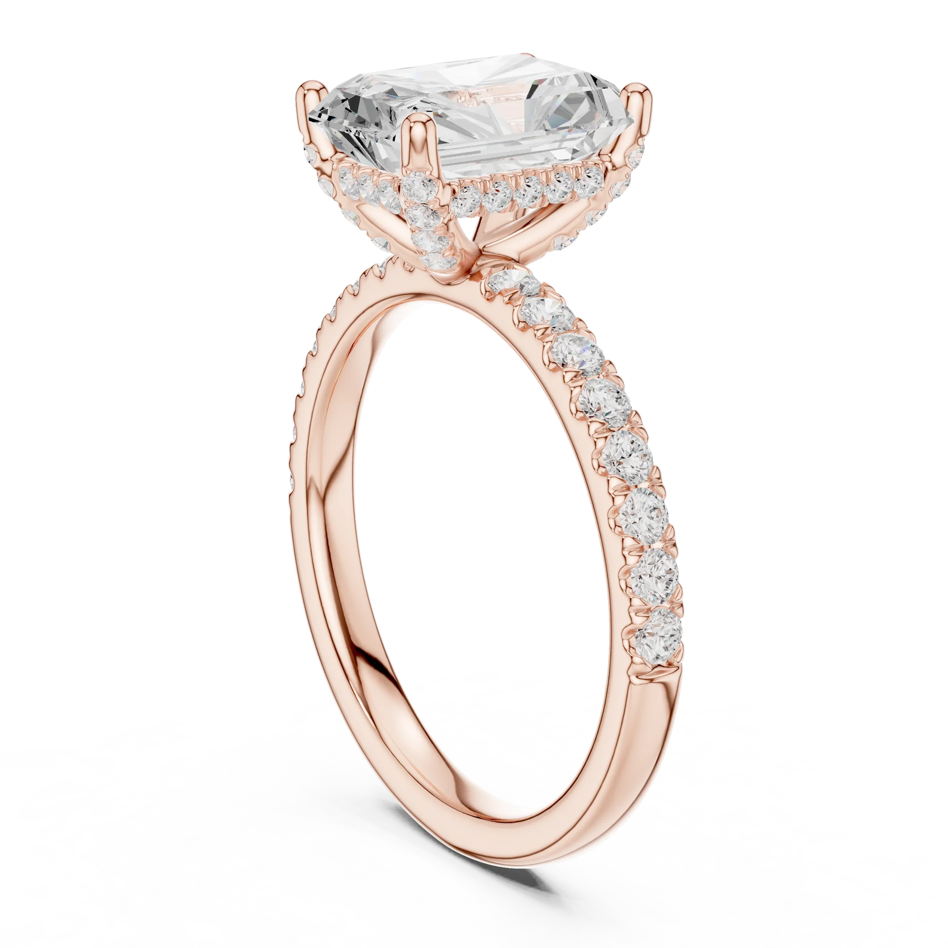 Back side view of rose gold radiant solitaire ring with thin pave band and lab-grown diamond – Australia