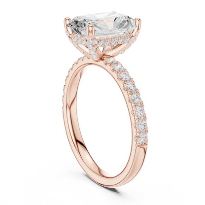 Back side view of rose gold radiant solitaire ring with thin pave band and lab-grown diamond – Australia