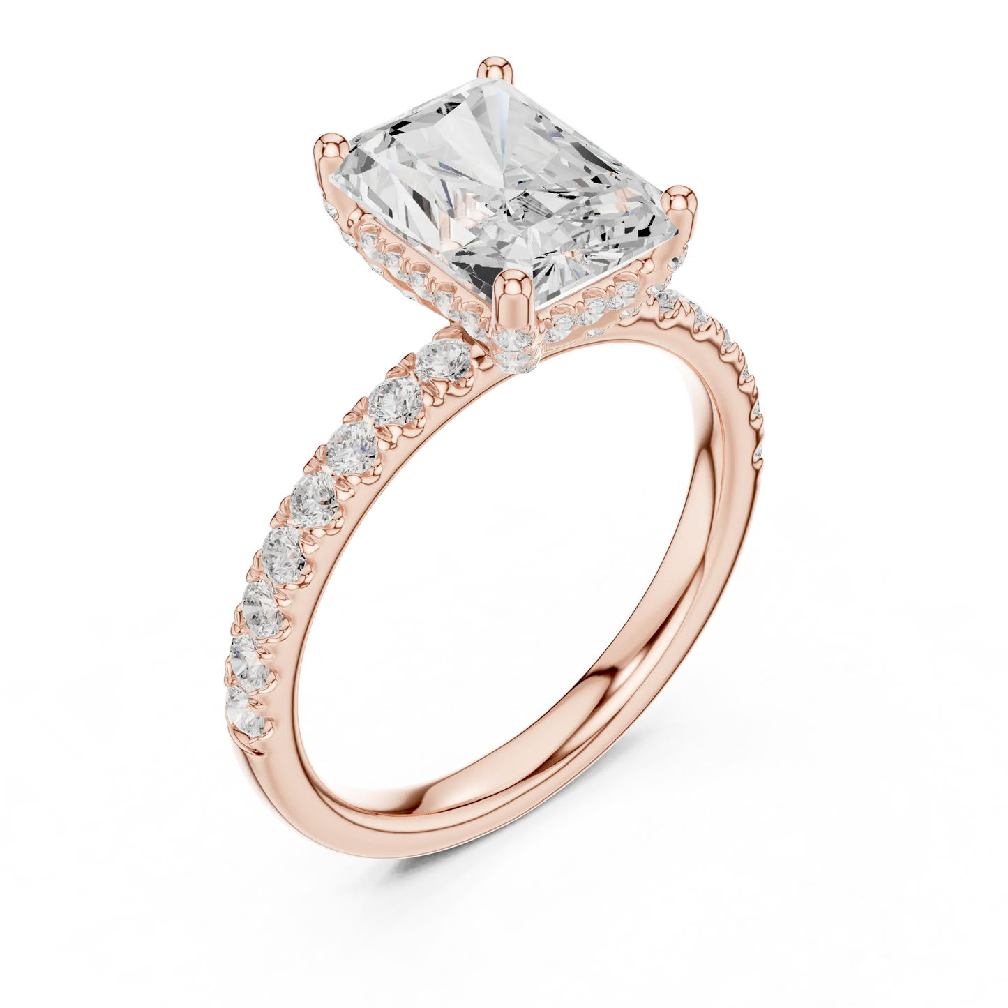 Front view of rose gold radiant solitaire ring with thin pave band and lab-grown diamond – Australia