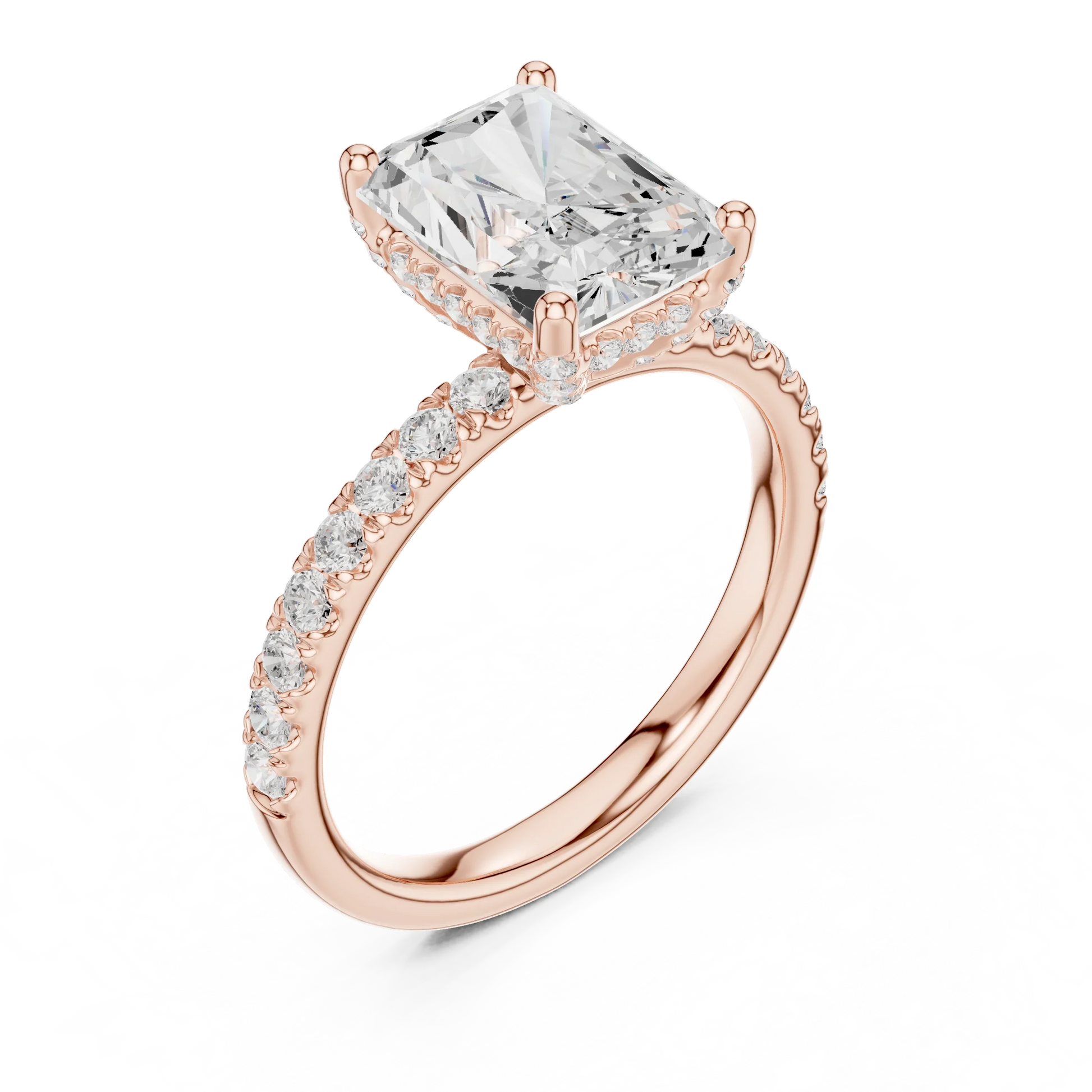 Front view of rose gold radiant solitaire ring with thin pave band and lab-grown diamond – Australia