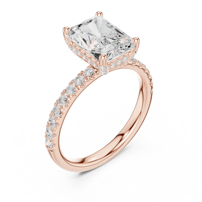 Front view of rose gold radiant solitaire ring with thin pave band and lab-grown diamond – Australia