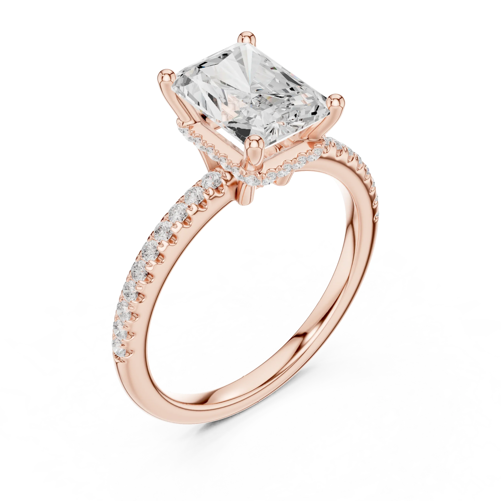Front view of rose gold radiant solitaire ring with thin pave band and lab-grown diamond – Australia