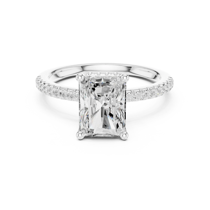 Radiant solitaire ring in white gold with thin pave band and lab-grown diamond – Australia
