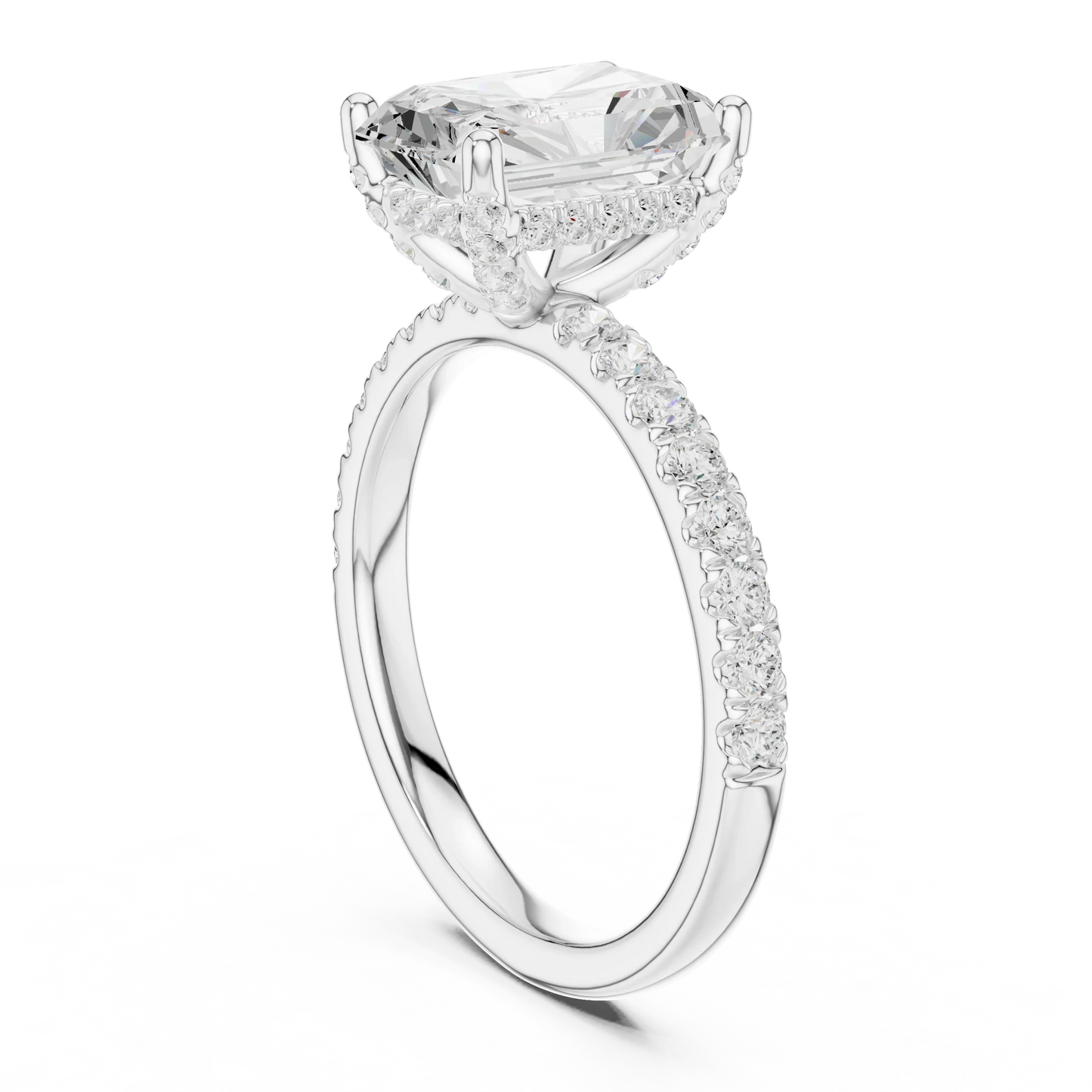 Back side view of white gold radiant solitaire ring with thin pave band and lab-grown diamond – Australia
