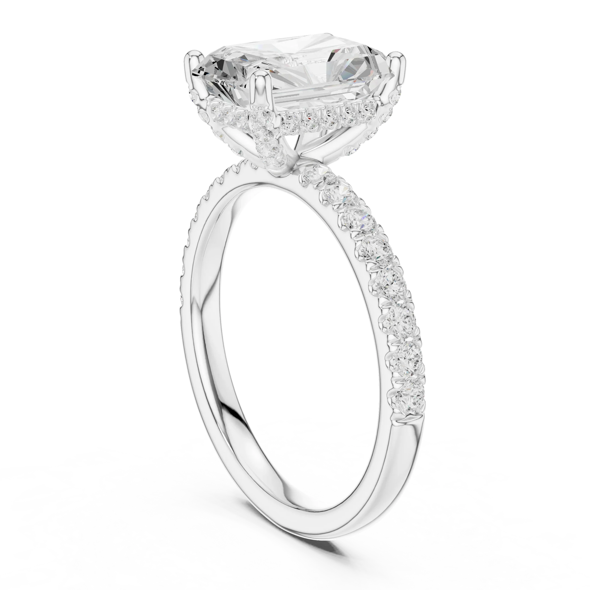 Back side view of white gold radiant solitaire ring with thin pave band and lab-grown diamond – Australia