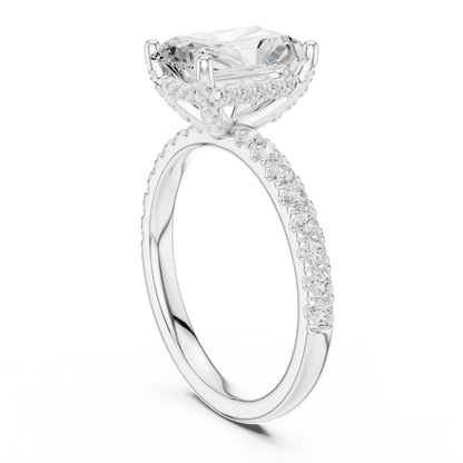 Back side view of white gold radiant solitaire ring with thin pave band and lab-grown diamond – Australia