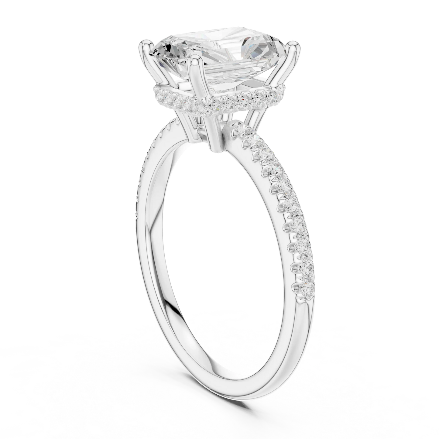 Back side view of white gold radiant solitaire ring with thin pave band and lab-grown diamond – Australia