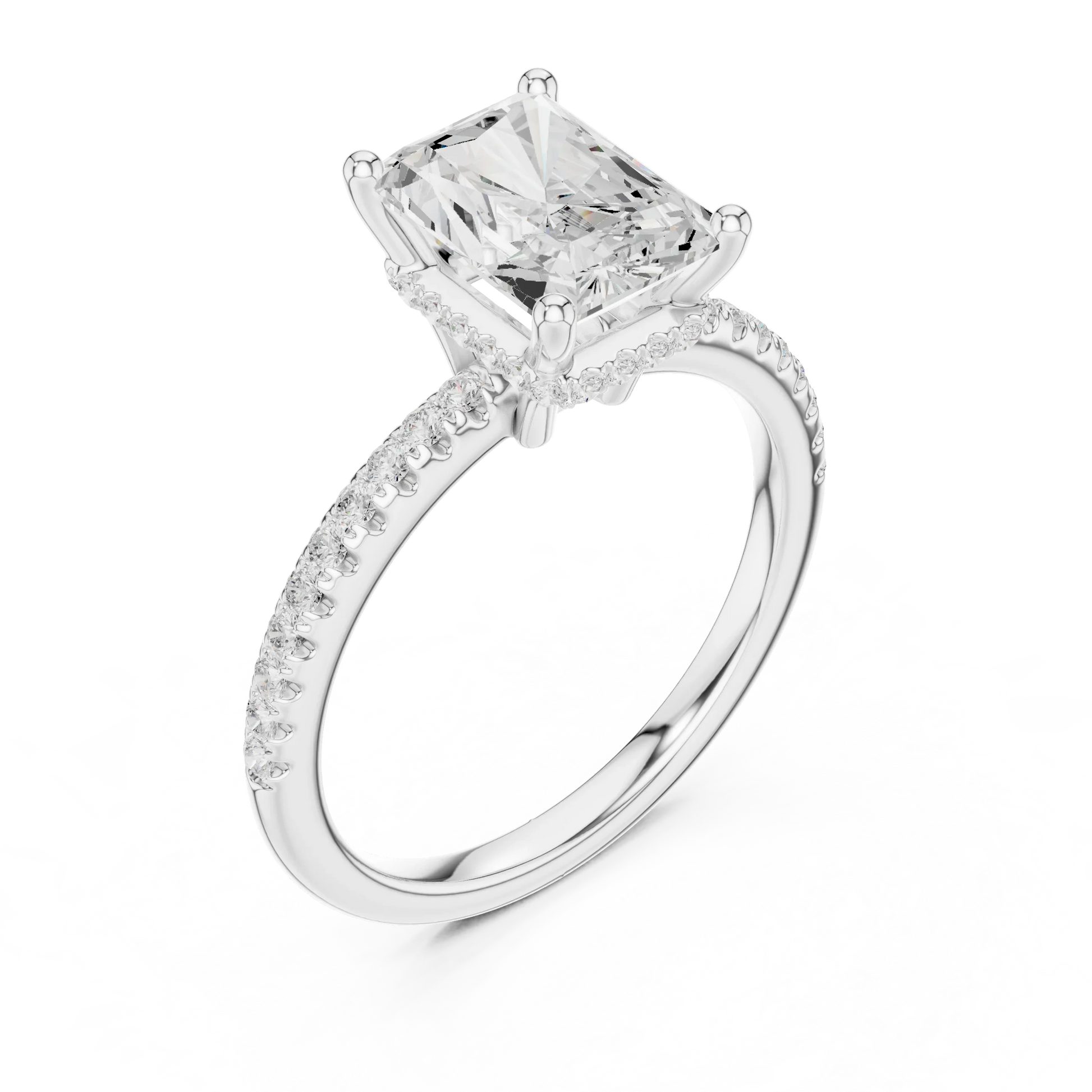 Front view of white gold radiant solitaire ring with thin pave band and lab-grown diamond – Australia