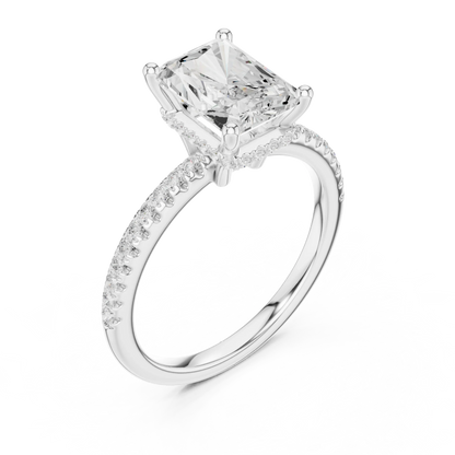 Front view of white gold radiant solitaire ring with thin pave band and lab-grown diamond – Australia
