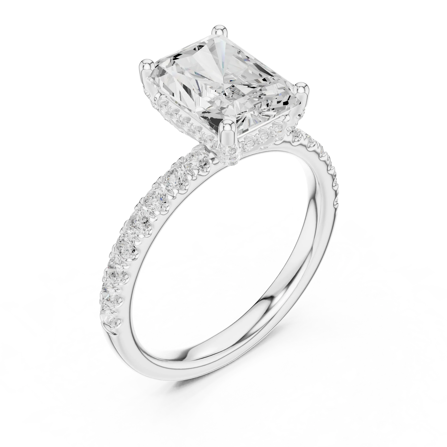 Front view of white gold radiant solitaire ring with thin pave band and lab-grown diamond – Australia