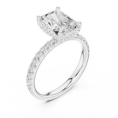 Front view of white gold radiant solitaire ring with thin pave band and lab-grown diamond – Australia