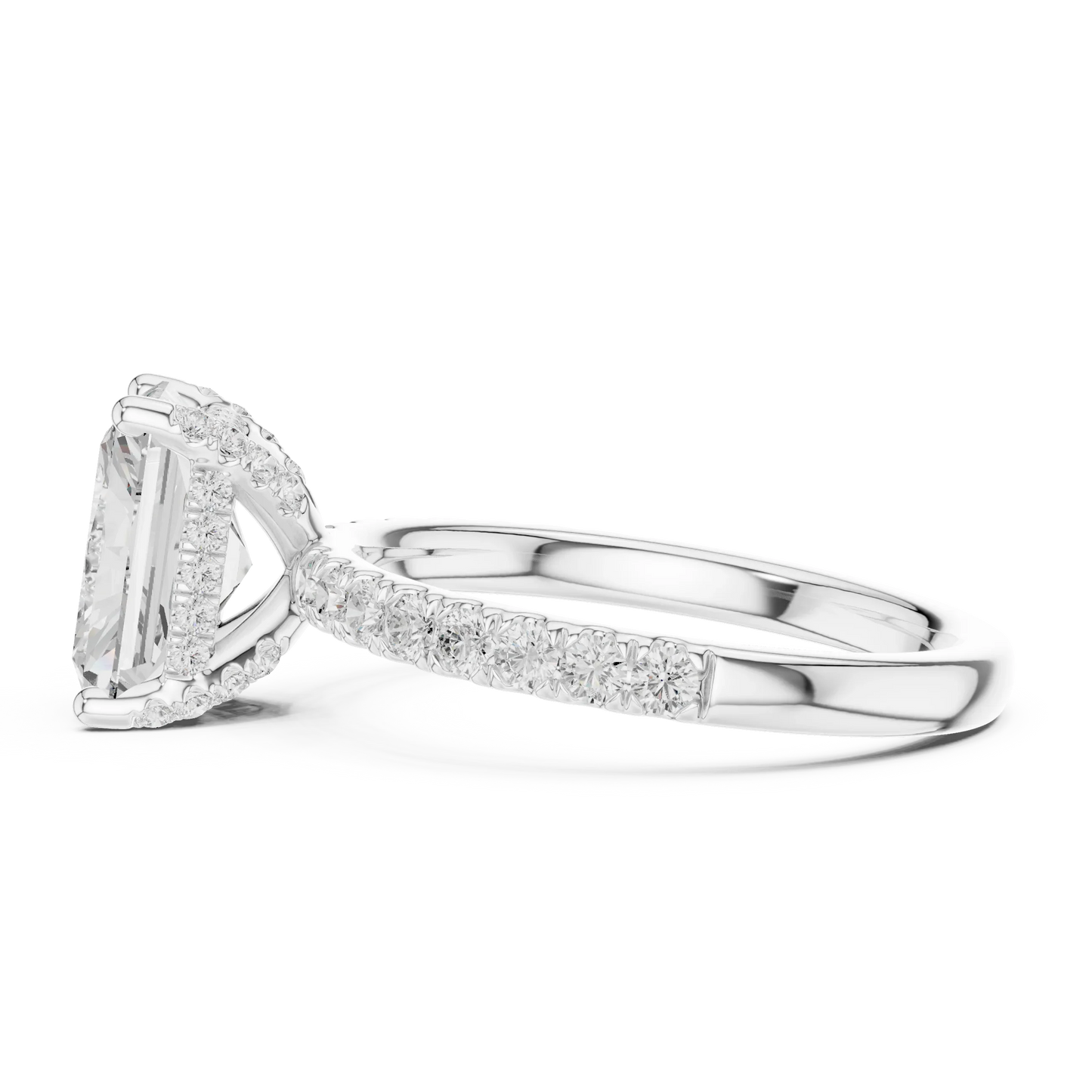 Side view of white gold radiant solitaire ring with thin pave band and lab-grown diamond – Australia