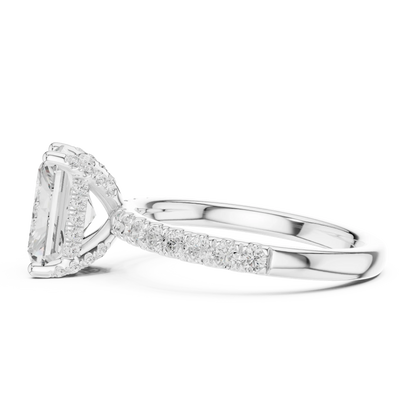Side view of white gold radiant solitaire ring with thin pave band and lab-grown diamond – Australia