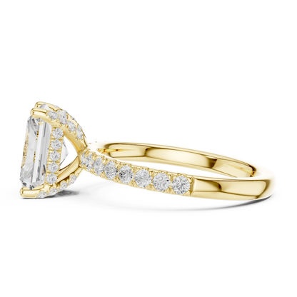 Side view of white gold radiant solitaire ring with thin pave band and lab-grown diamond – Australia