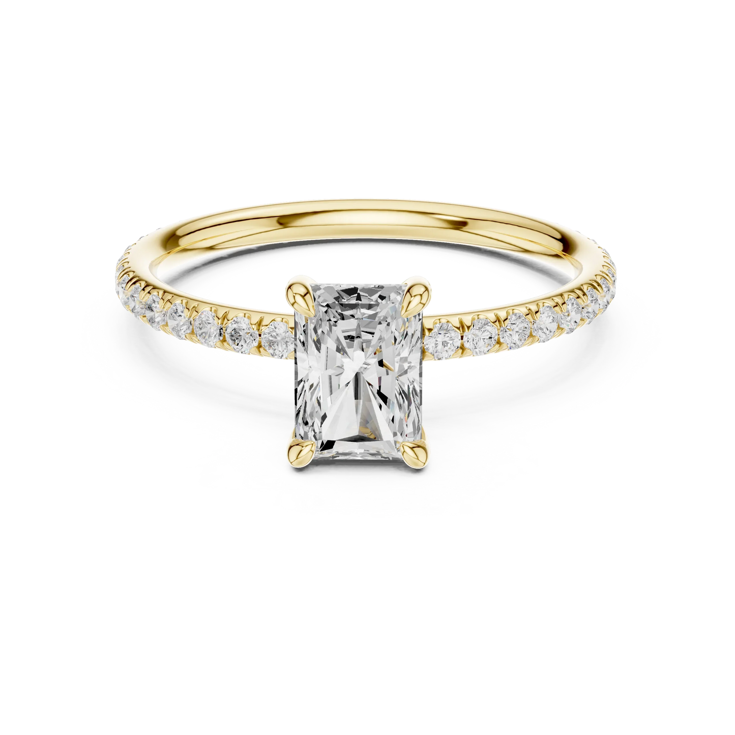 Lab-grown radiant cut solitaire ring in yellow gold with thin pavé diamond band