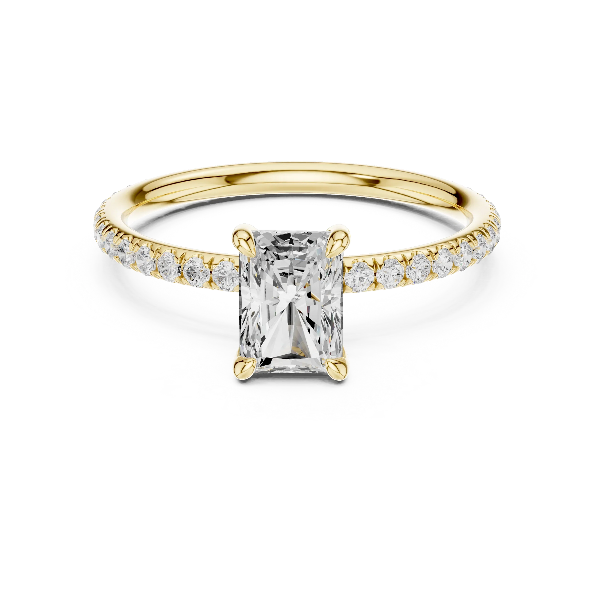 Lab-grown radiant cut solitaire ring in yellow gold with thin pavé diamond band