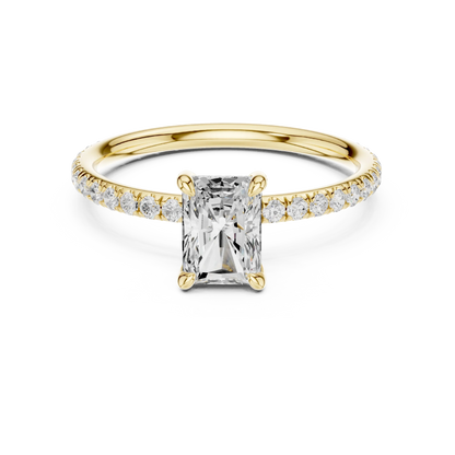 Lab-grown radiant cut solitaire ring in yellow gold with thin pavé diamond band