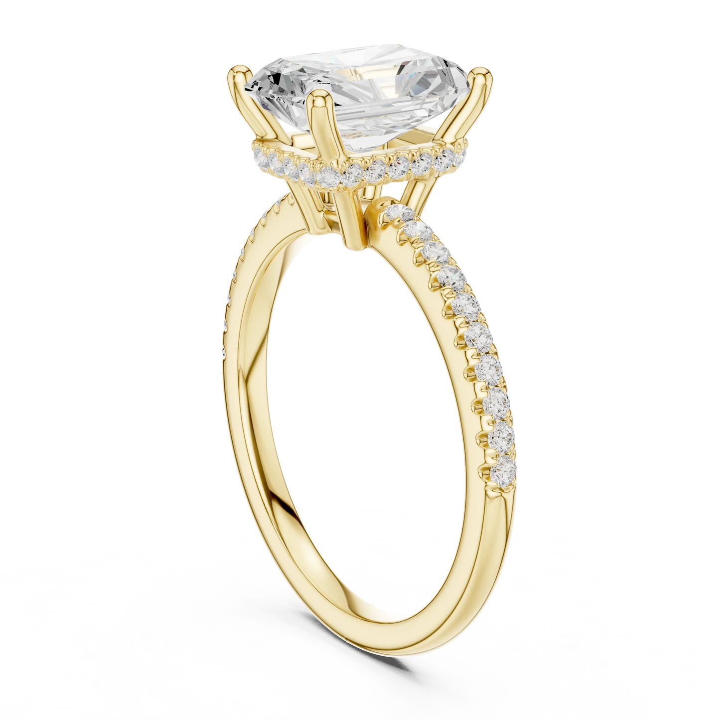 Back side view of yellow gold radiant solitaire ring with thin pave band and lab-grown diamond – Australia