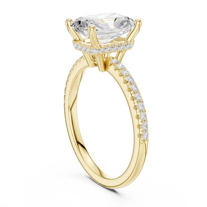 Back side view of yellow gold radiant solitaire ring with thin pave band and lab-grown diamond – Australia