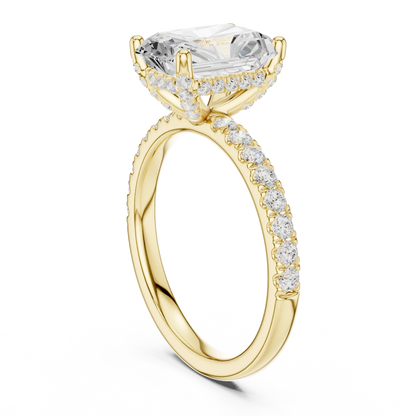 Back side view of yellow gold radiant solitaire ring with thin pave band and lab-grown diamond – Australia