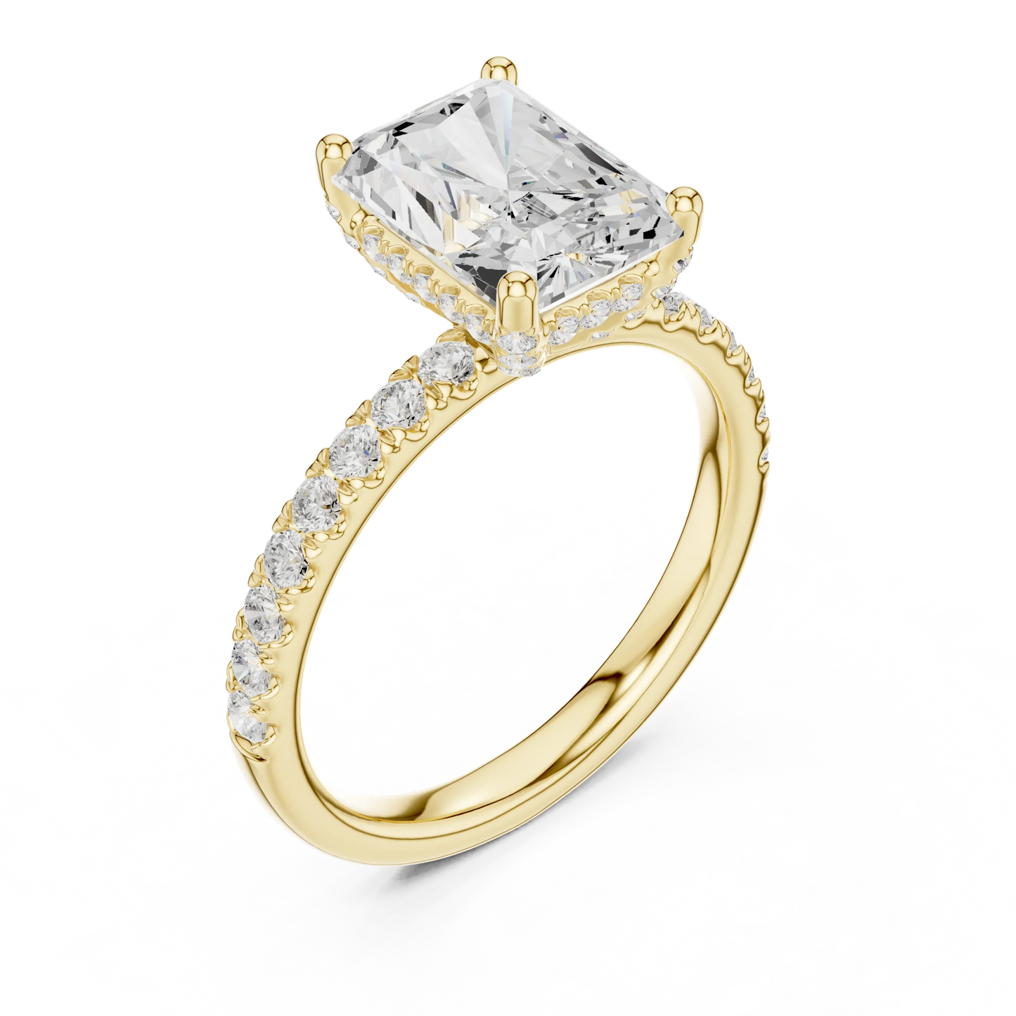 Front view of yellow gold radiant solitaire ring with thin pave band and lab-grown diamond – Australia
