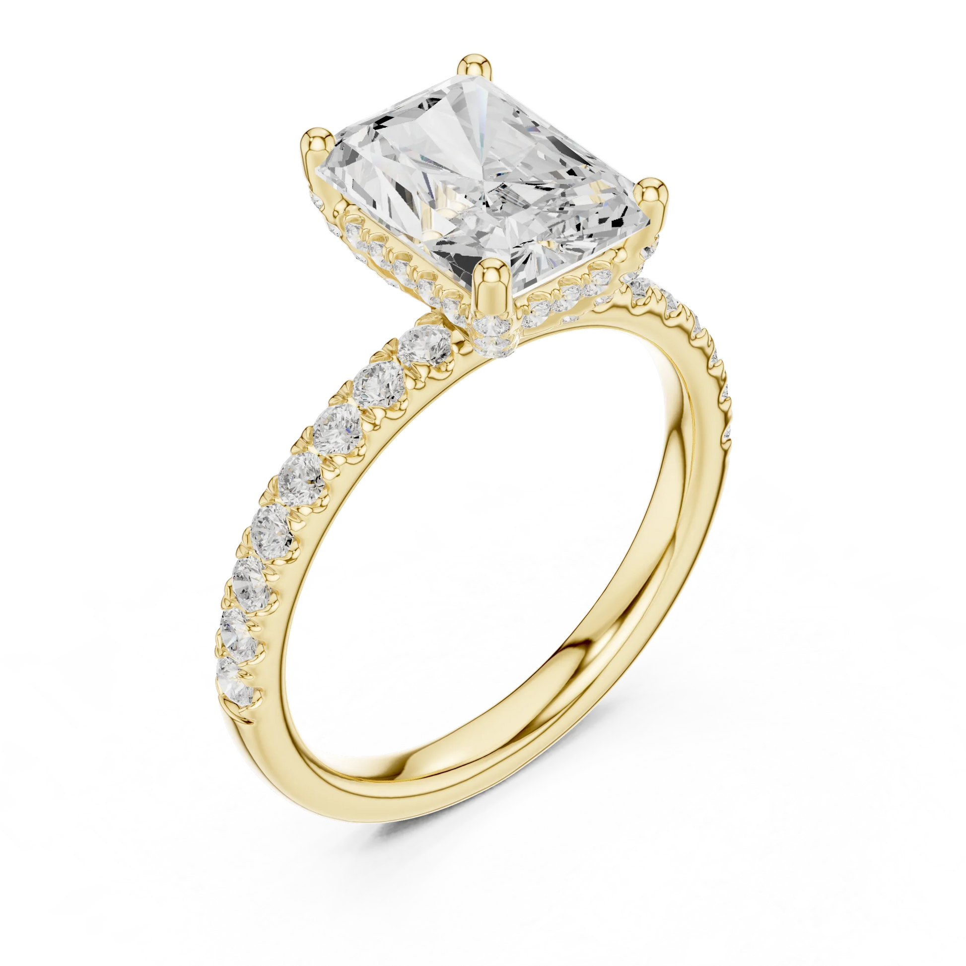 Front view of yellow gold radiant solitaire ring with thin pave band and lab-grown diamond – Australia