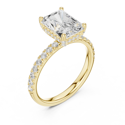 Front view of yellow gold radiant solitaire ring with thin pave band and lab-grown diamond – Australia