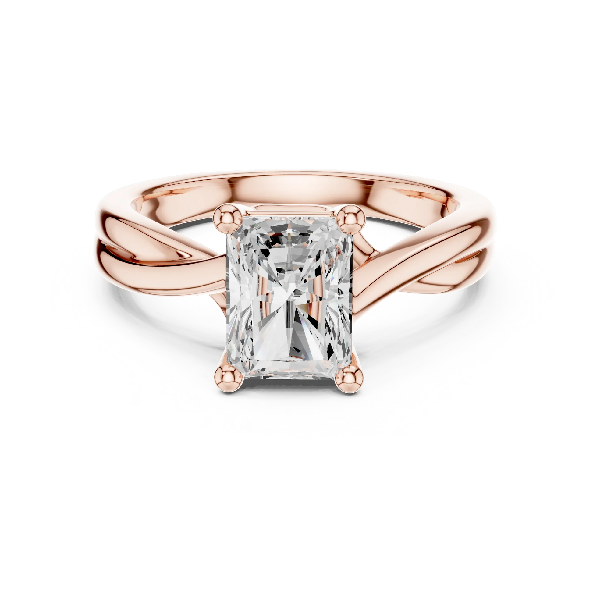 Lab-grown radiant cut solitaire ring in rose gold with twisted band design