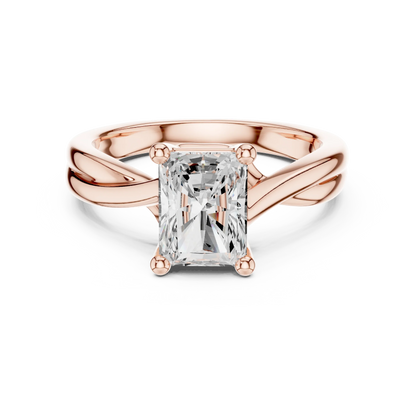 Lab-grown radiant cut solitaire ring in rose gold with twisted band design