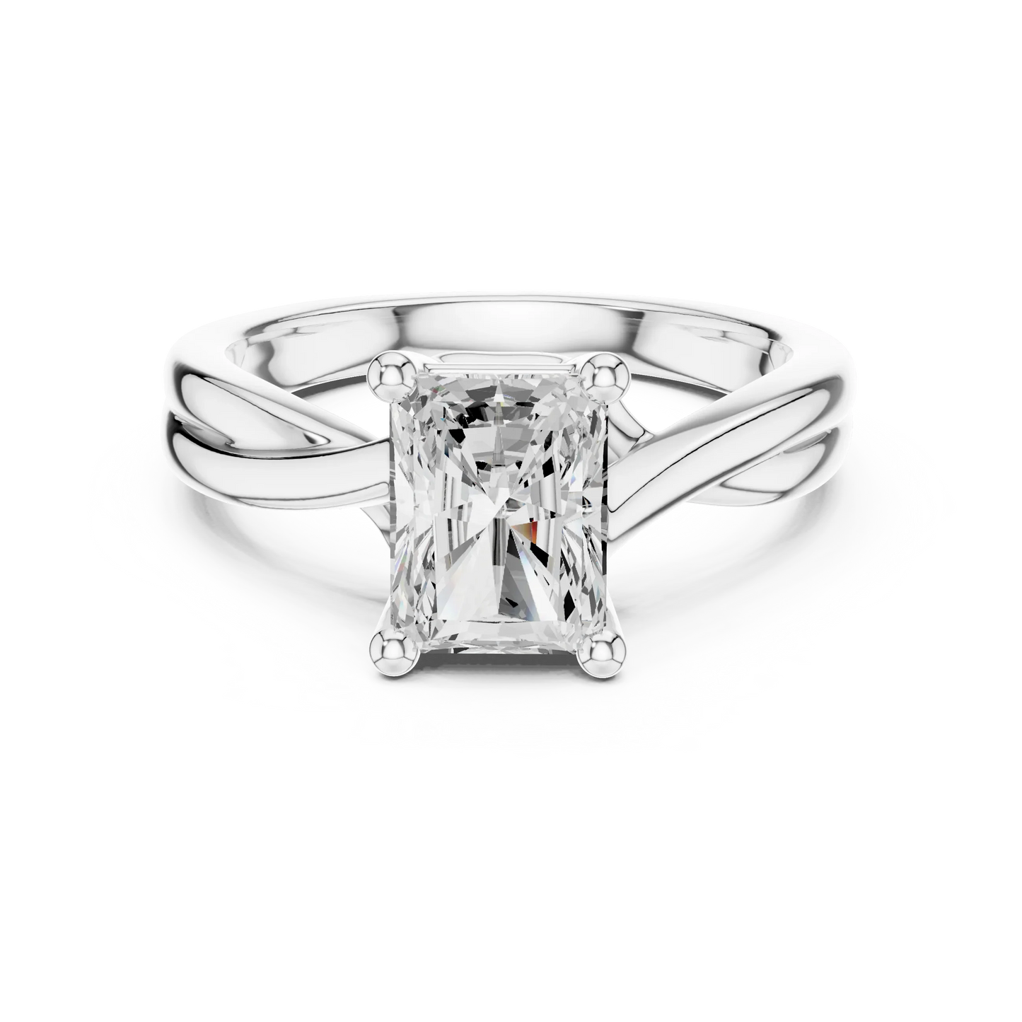 Lab-grown radiant cut solitaire ring in white gold with twisted band design