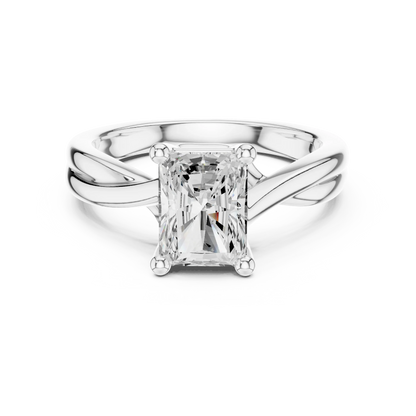 Lab-grown radiant cut solitaire ring in white gold with twisted band design