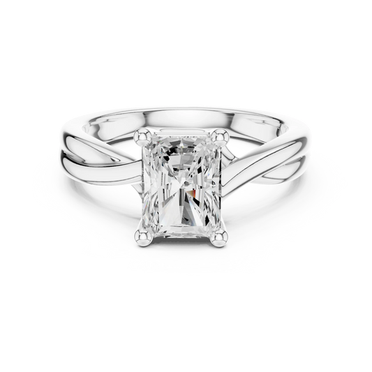 Lab-grown radiant cut solitaire ring in white gold with twisted band design
