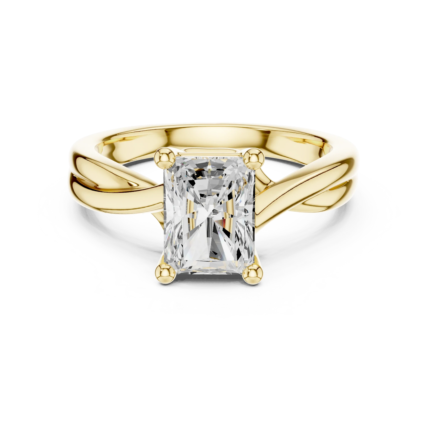 Lab-grown radiant cut solitaire ring in yellow gold with twisted band design
