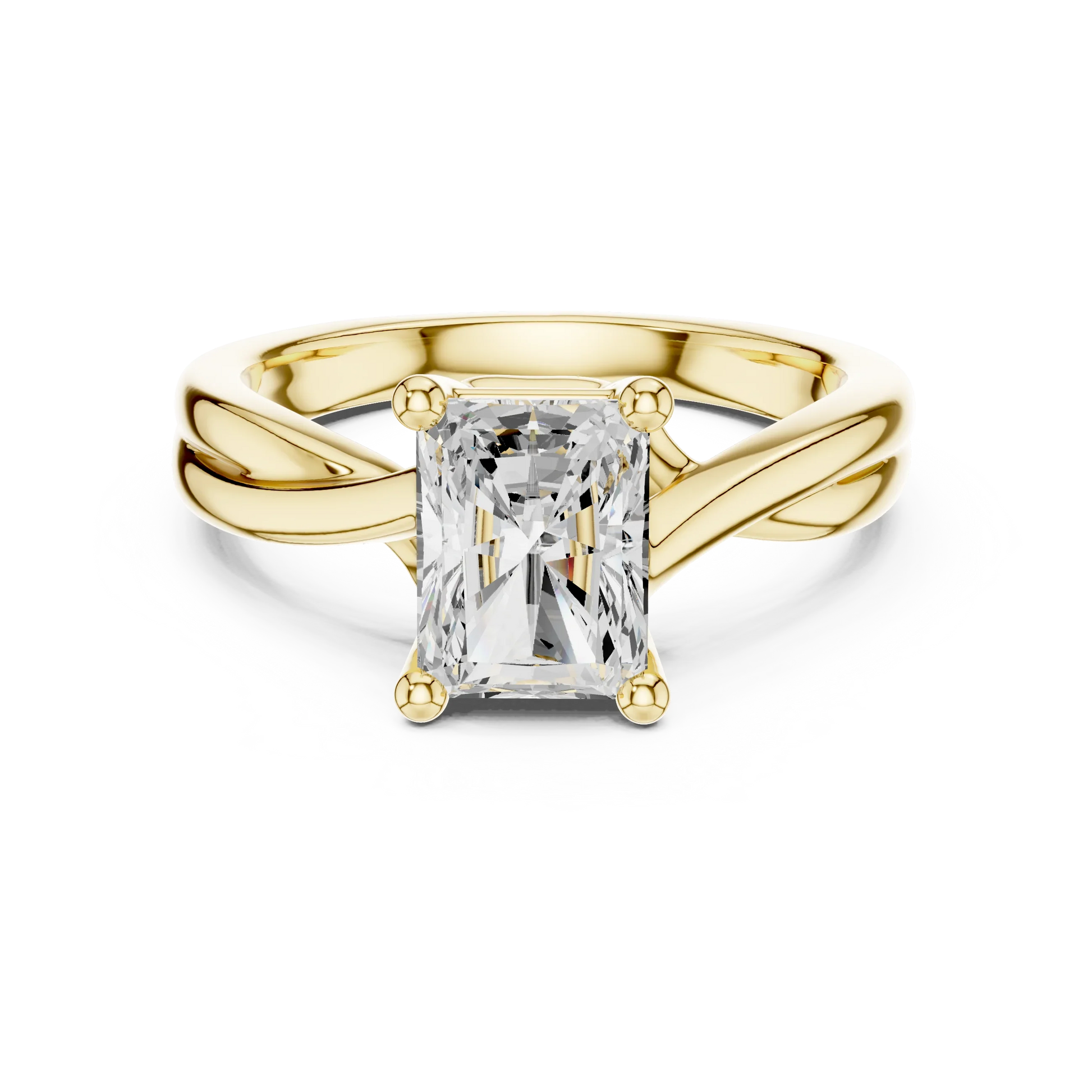 Lab-grown radiant cut solitaire ring in yellow gold with twisted band design