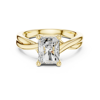 Lab-grown radiant cut solitaire ring in yellow gold with twisted band design