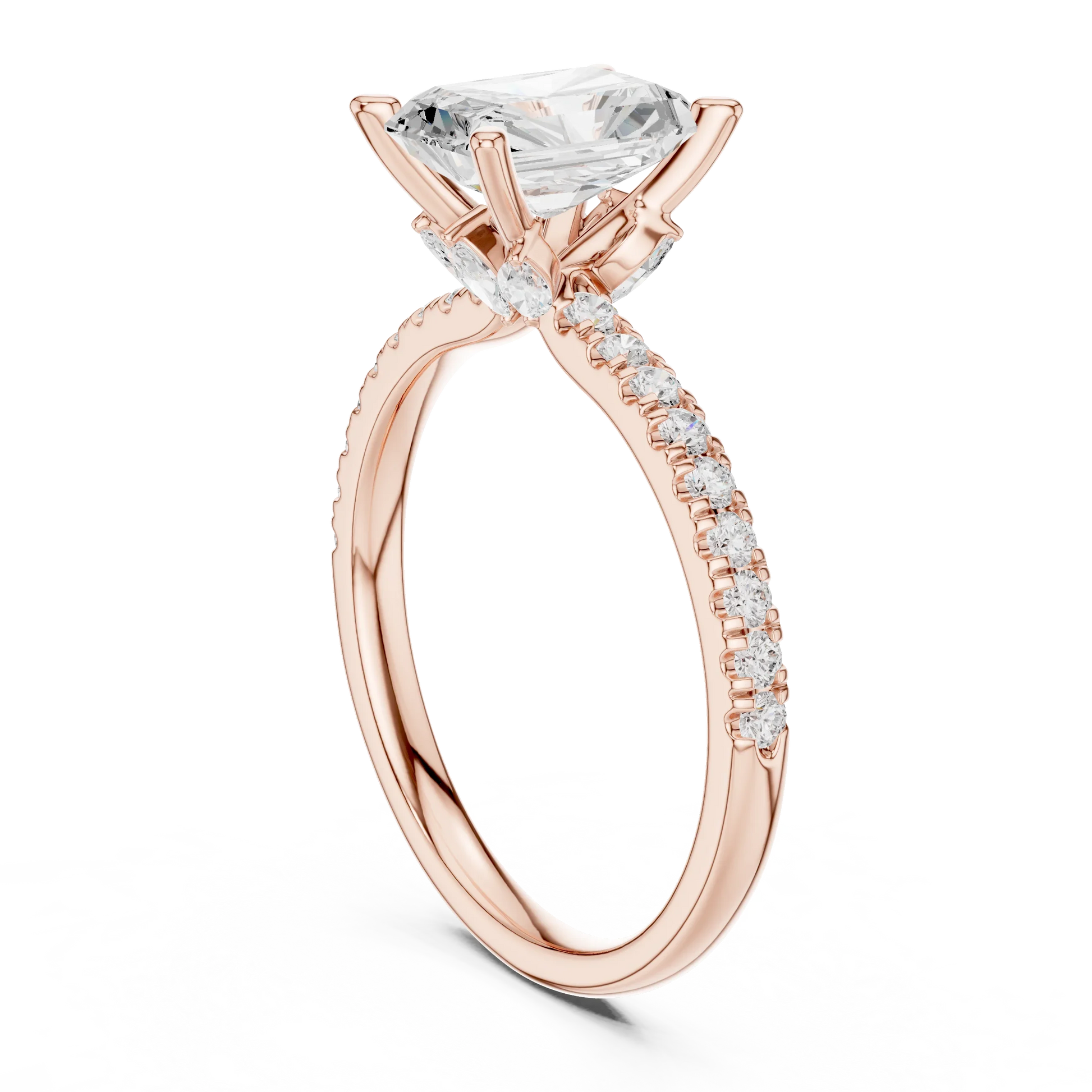 Back view of rose gold radiant solitaire ring with pave diamond band and lab-grown diamond – Australia
