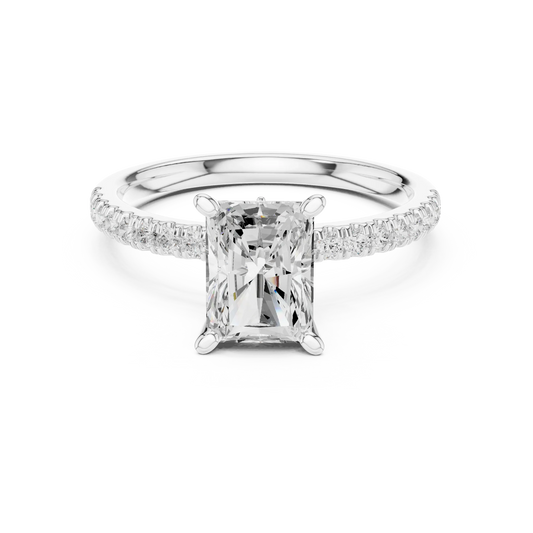 Radiant solitaire ring in white gold with pave diamond band and lab-grown diamond – Australia