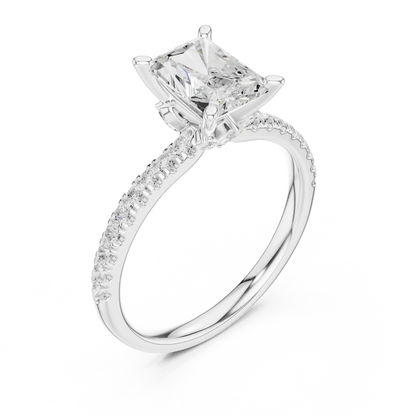 Front view of white gold radiant solitaire ring with pave diamond band and lab-grown diamond – Australia