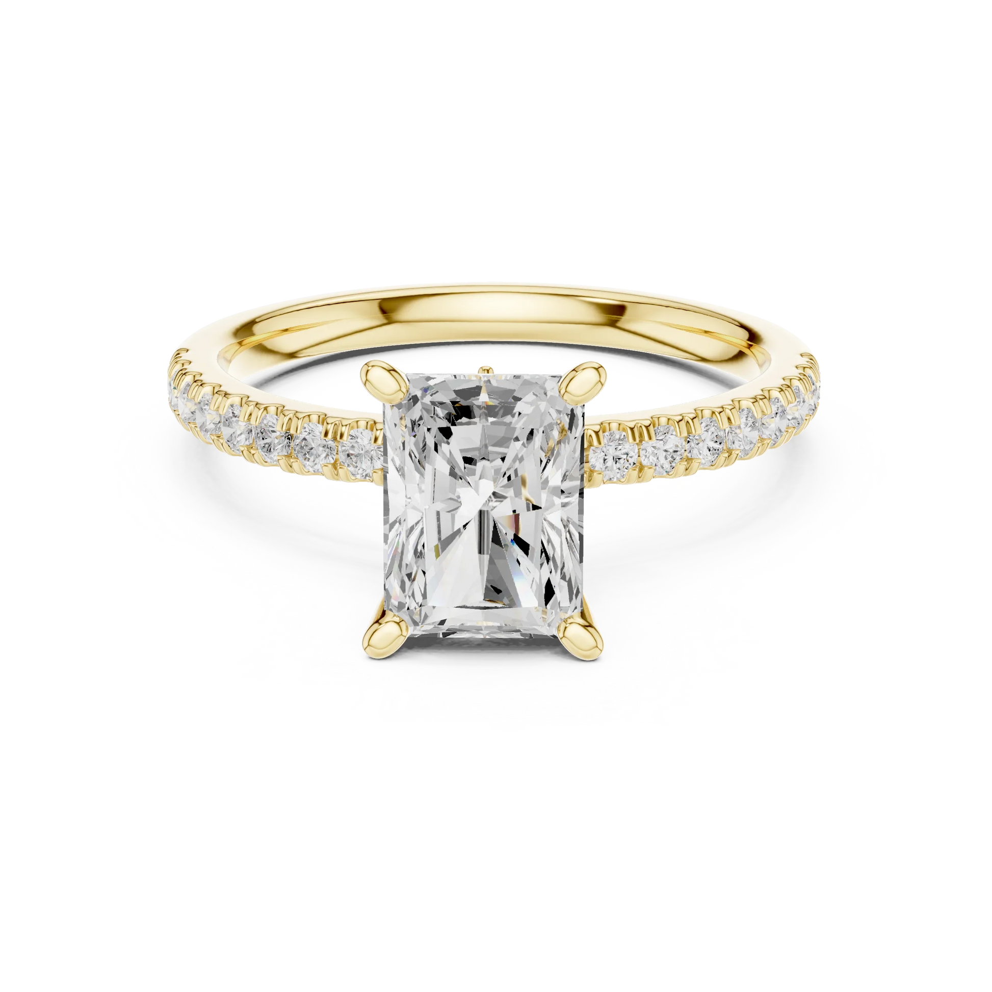Radiant solitaire ring in yellow gold with pave diamond band and lab-grown diamond – Australia