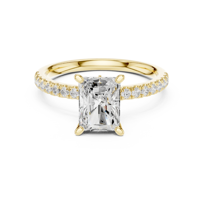 Radiant solitaire ring in yellow gold with pave diamond band and lab-grown diamond – Australia