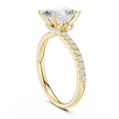 Back view of yellow gold radiant solitaire ring with pave diamond band and lab-grown diamond – Australia