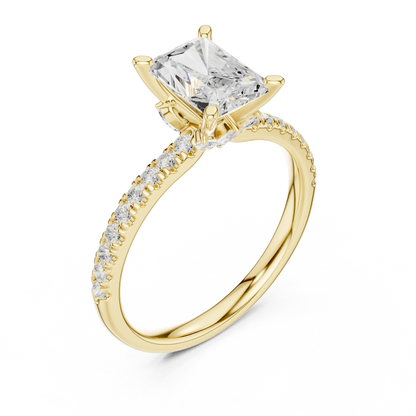Front view of yellow gold radiant solitaire ring with pave diamond band and lab-grown diamond – Australia